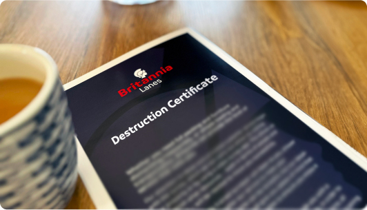 A paper titled "Destruction Certificate" from Britannia Lanes lies on a wooden surface. The text is blurred and a striped coffee cup is partially visible on the left.